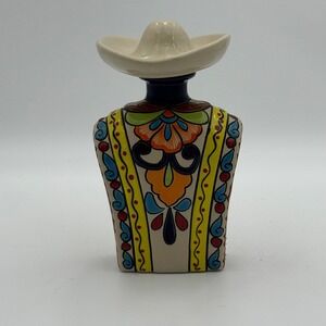 Mexican Talavera Pottery Tequila Decanter Sombrero Hat Stopper Hand Painted 7.5"